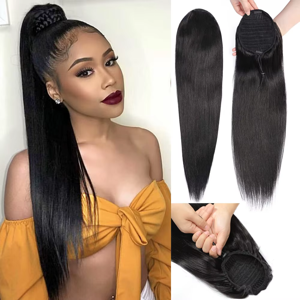 10-24 pouces cordon droit queue de cheval Extensions de cheveux humains 12A brésilien Remy 100% chev