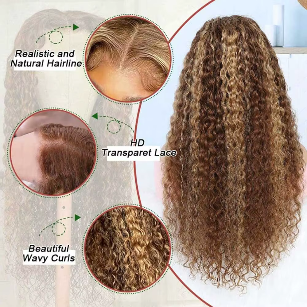 Perruque Lace Frontal Wig naturelle bouclée à reflets, cheveux humains, 13x4, sans colle, HD, Deep W