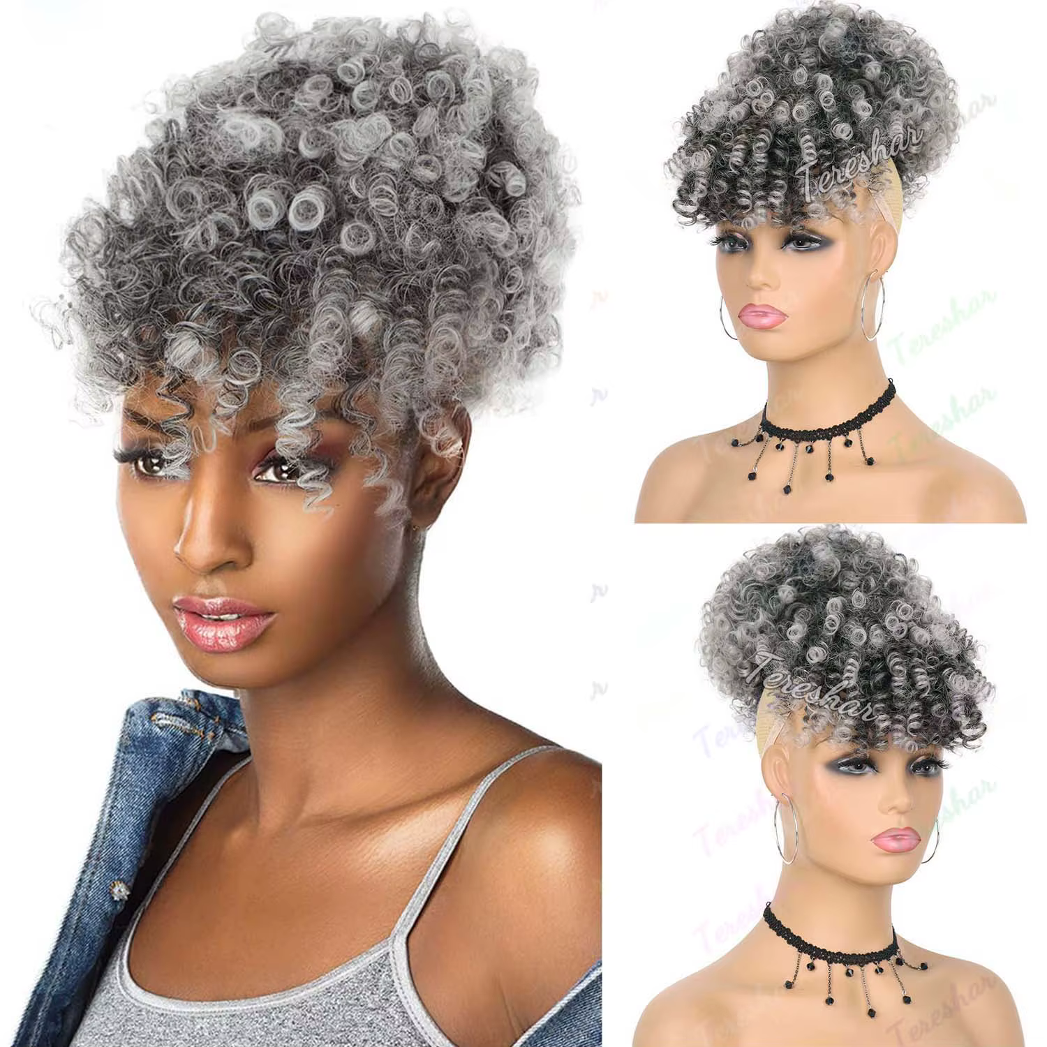 Extension de queue de cheval synthétique Afro bouffante crépue bouclée avec frange queue de cheval a