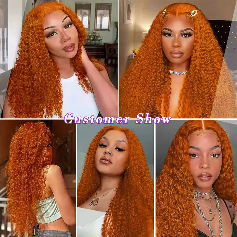 Perruque en cheveux humains Deep Wave 13x4 avec dentelle transparente, densité 220%, couleur gingemb
