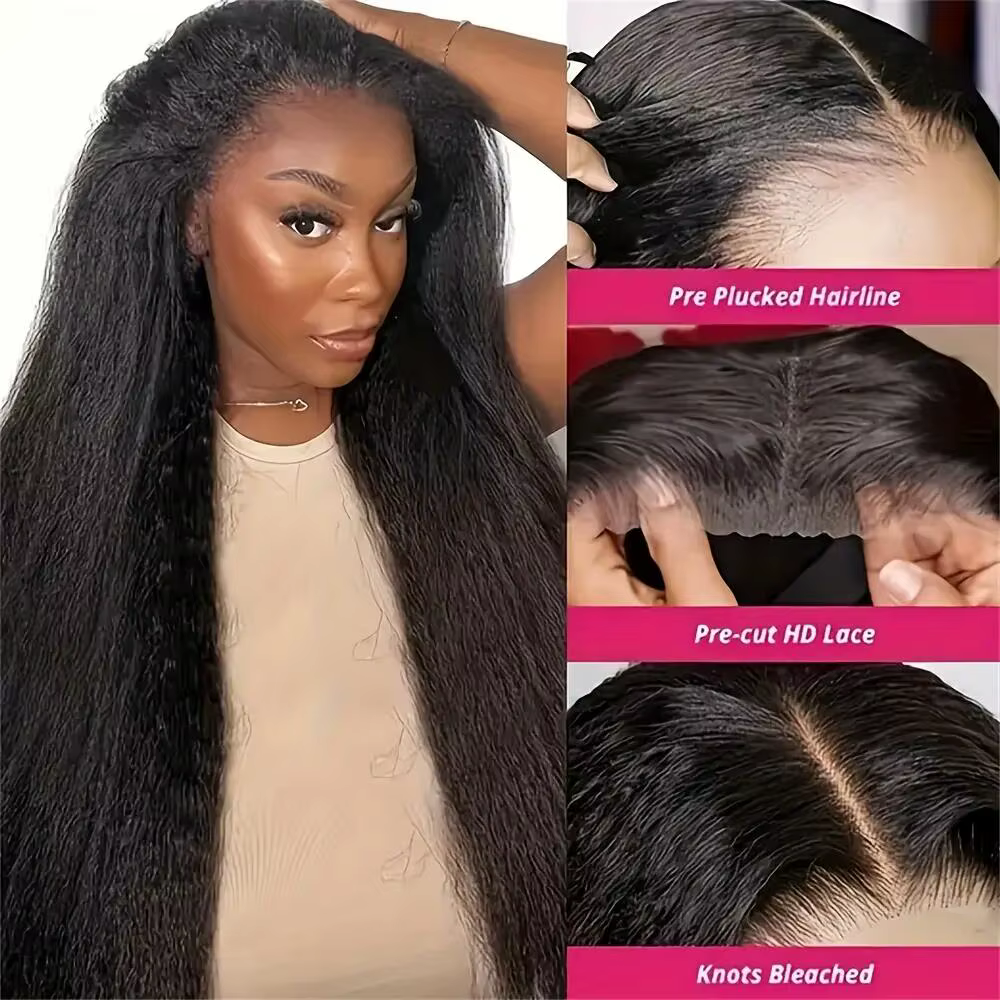 Perruques en cheveux humains lisses Yaki sans colle pour femmes, densité 180, pré-coupées, perruque