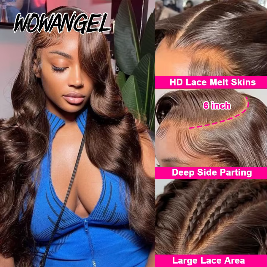 Wow ange chocolat brun HD dentelle frontale perruque vague de corps 250% 13x6 HD dentelle avant perr