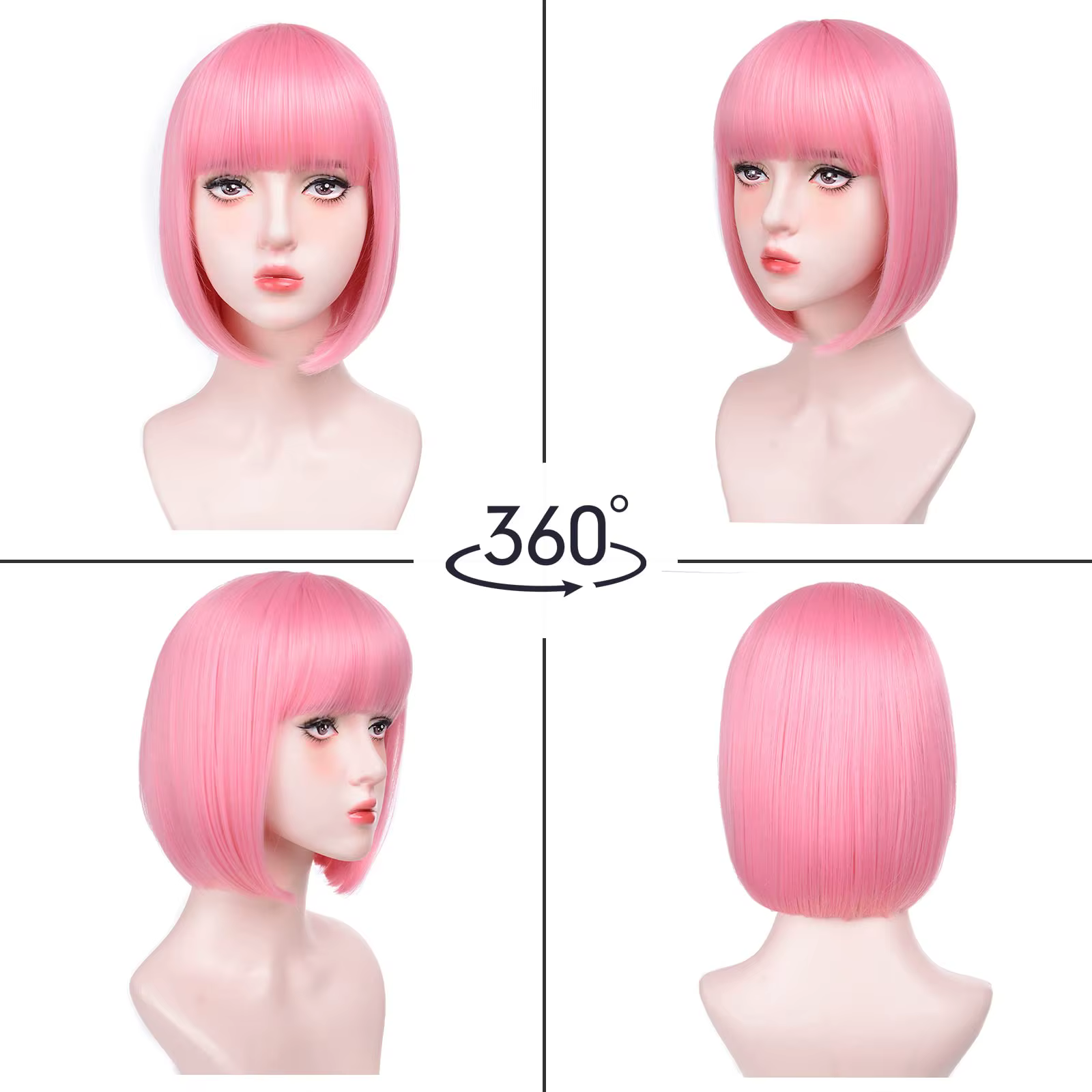 Perruque synthétique Bob rose cheveux courts et raides avec frange multicolore Halloween cosplay usa