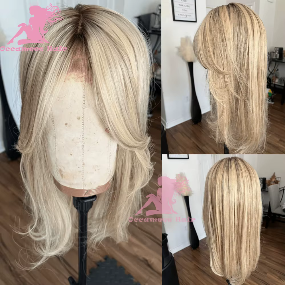 Perruques de cheveux humains avant de dentelle avec frange pré plumé délié cendré blond platine raci