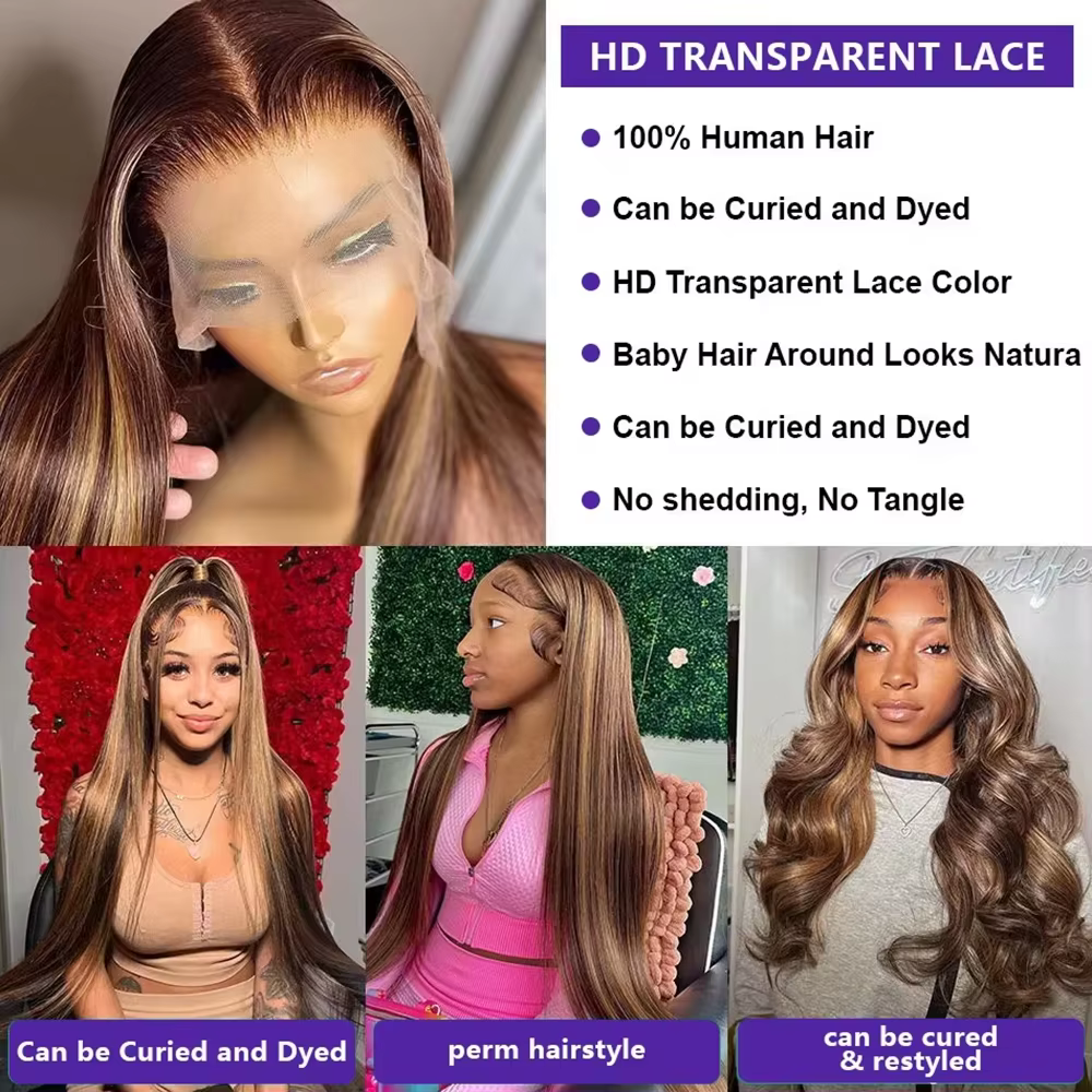 Perruque P4/27 Highlight en Cheveux Humains, Perruque Lace Front 13x6 Ultra Lisse, Perruque Colorée