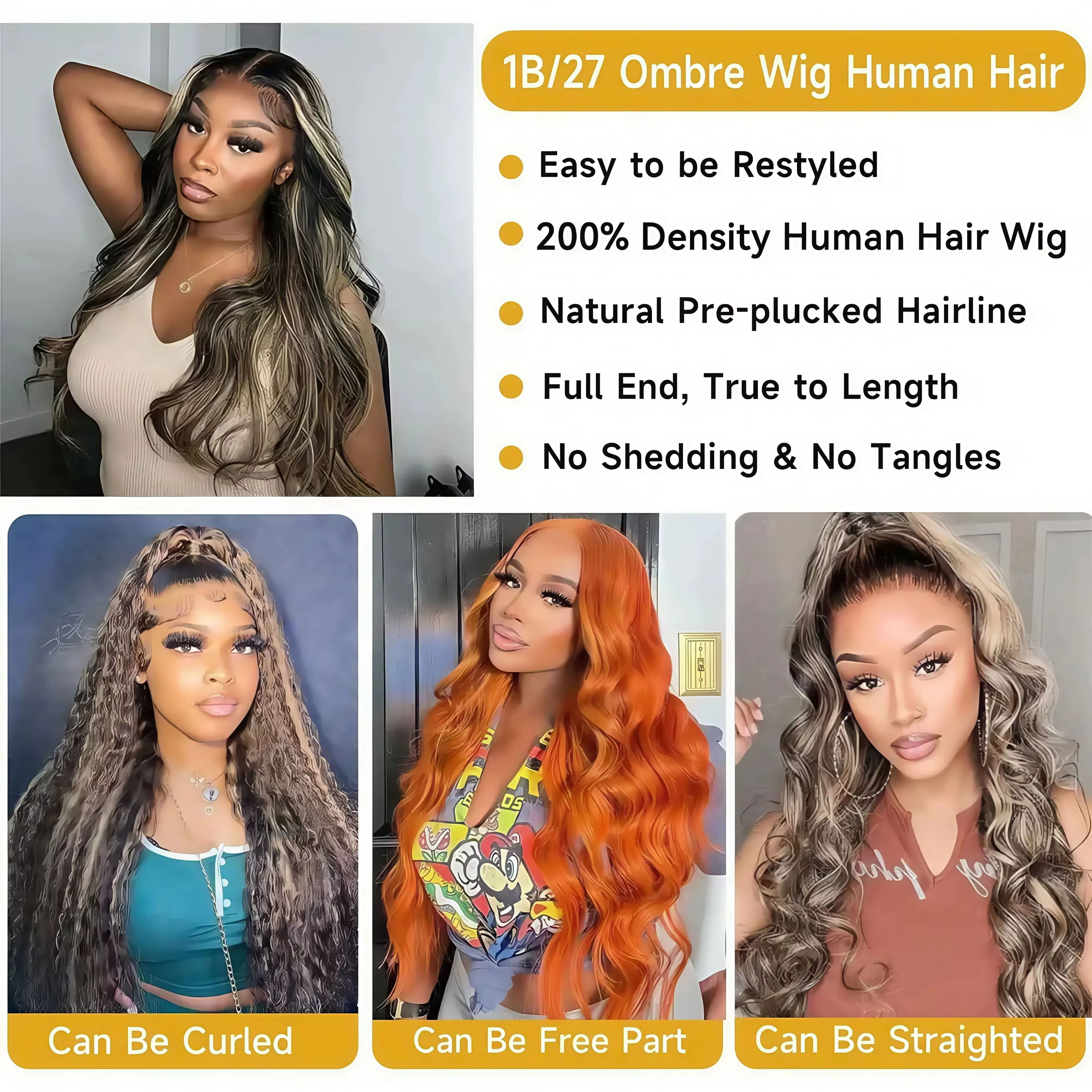 Perruque Body Wave Roxane P1B/27 en cheveux humains, 26-30 pouces, avec dentelle frontale HD 13x4, o