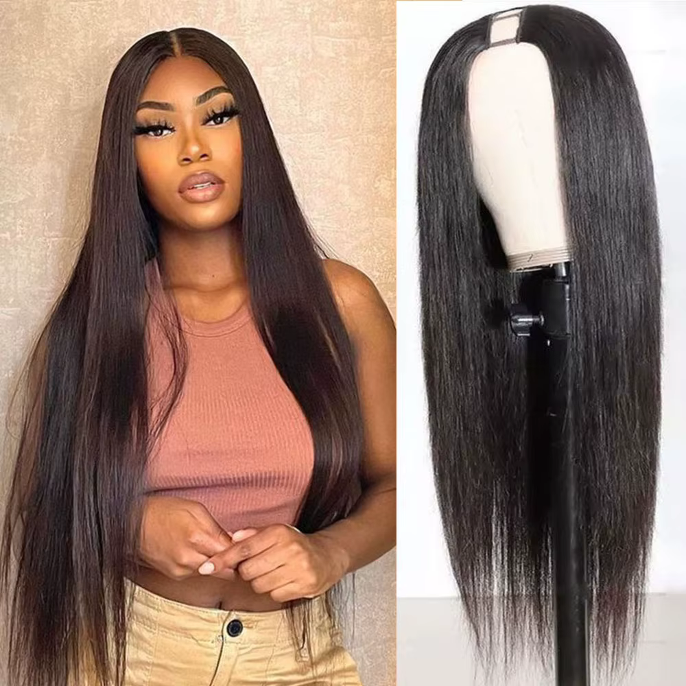 Perruque brésilienne droite en V pour femme, perruques de cheveux humains noirs naturels, densité 18