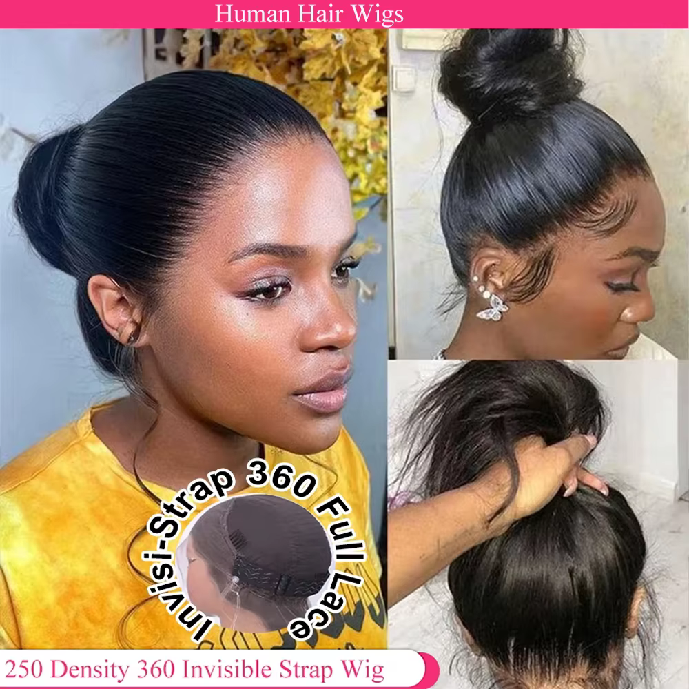 Perruque Lace Front Wig naturelle sans colle, cheveux lisses, avec sangle Invisible HD 360, densité 