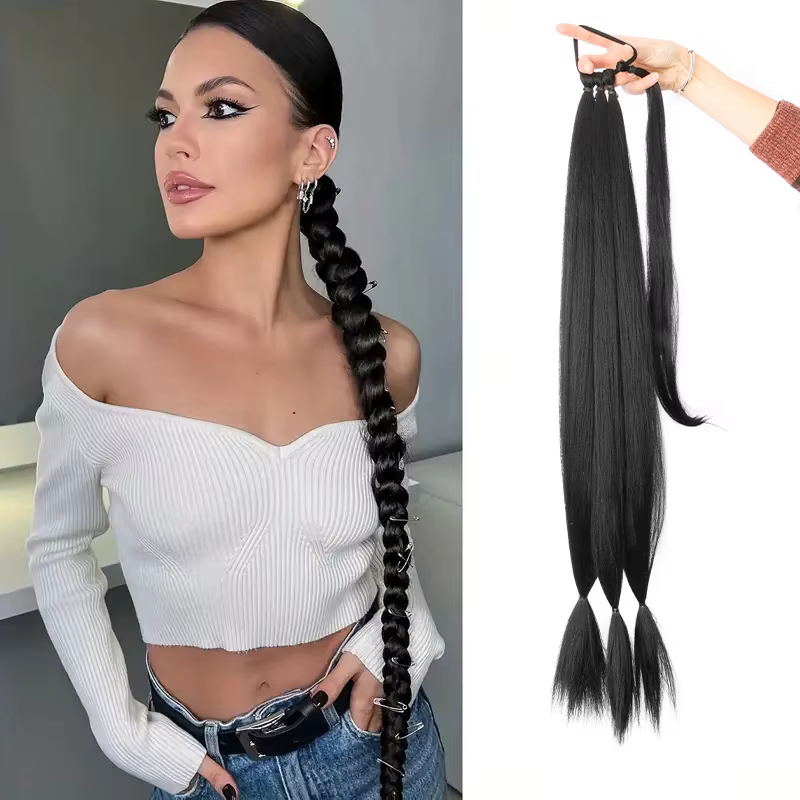 Extensions capillaires synthétiques longues et lisses de 32 pouces, postiche tressée en caoutchouc,