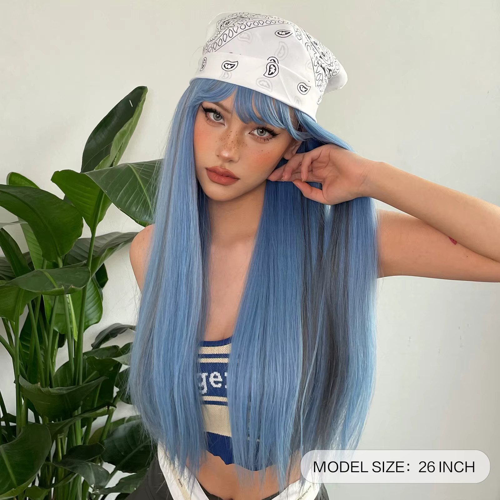 Perruques Synthétiques sulfDroites Bleues avec Reflets Gris avec Frange, Cheveux de Cosplay pour Fem