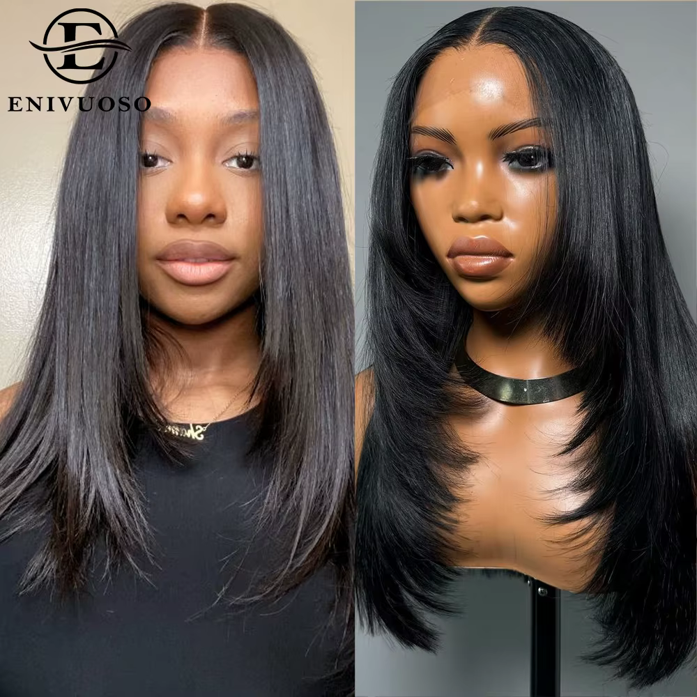 Perruque Lace Front Wig synthétique lisse et coupe superposée, sans colle, 13x4, coupe papillon, pou