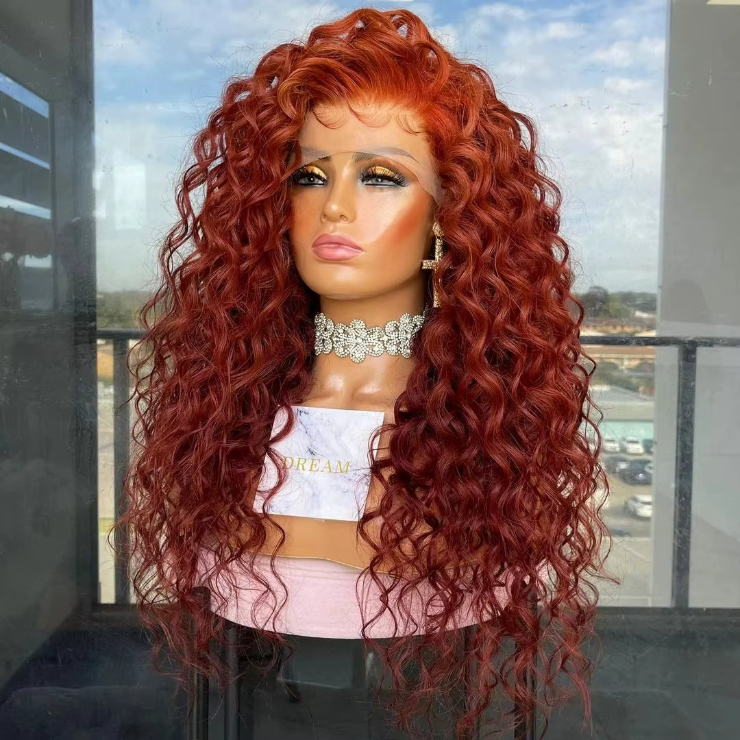 Perruque Lace Front Synthétique Bouclée Rouge Bordeaux pour Femme Noire, Accessoire Capillaire en Fi