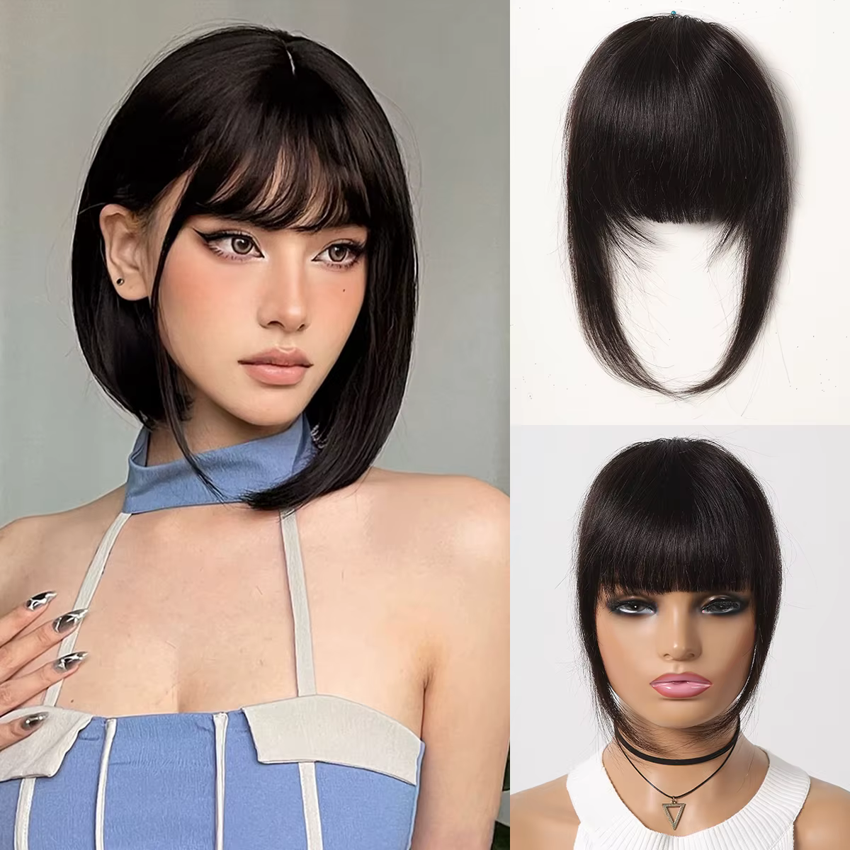 Frange en cheveux naturels pour débutantes, avec mèches latérales, fixation à clip unique, facile à 