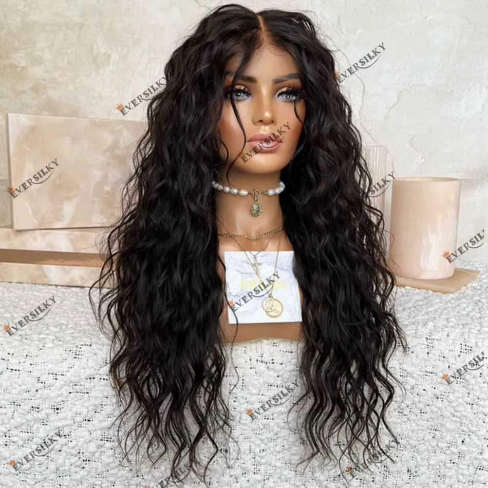 Perruque Lace Closure Wig Indienne Naturelle Ondulée, Cheveux Noirs, 5x5, 13x6, Densité 200, Partie
