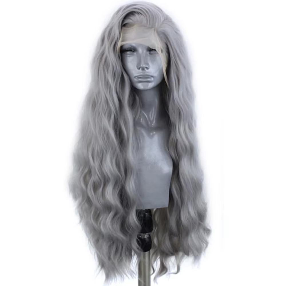 Perruque Lace Front Wig synthétique grise 13x4, perruque longue bouclée et ample en Fiber résistante