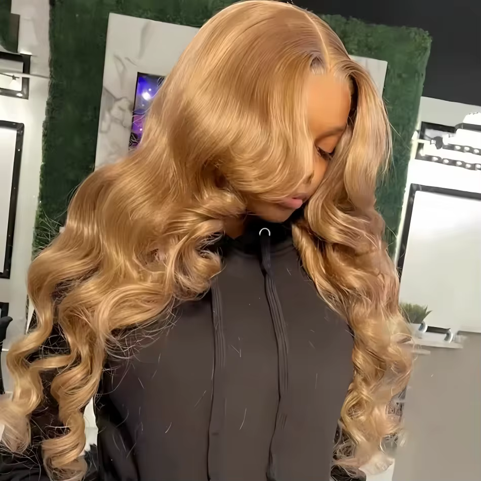 Perruques brésiliennes en cheveux humains ondulés, blond miel 27, avec dentelle frontale HD 13x6 et