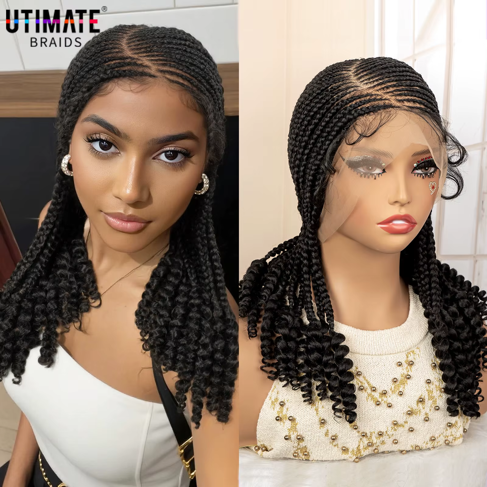 Perruque tressée pleine dentelle avec extrémités bouclées, tresses synthétiques Cornrow pour femmes 