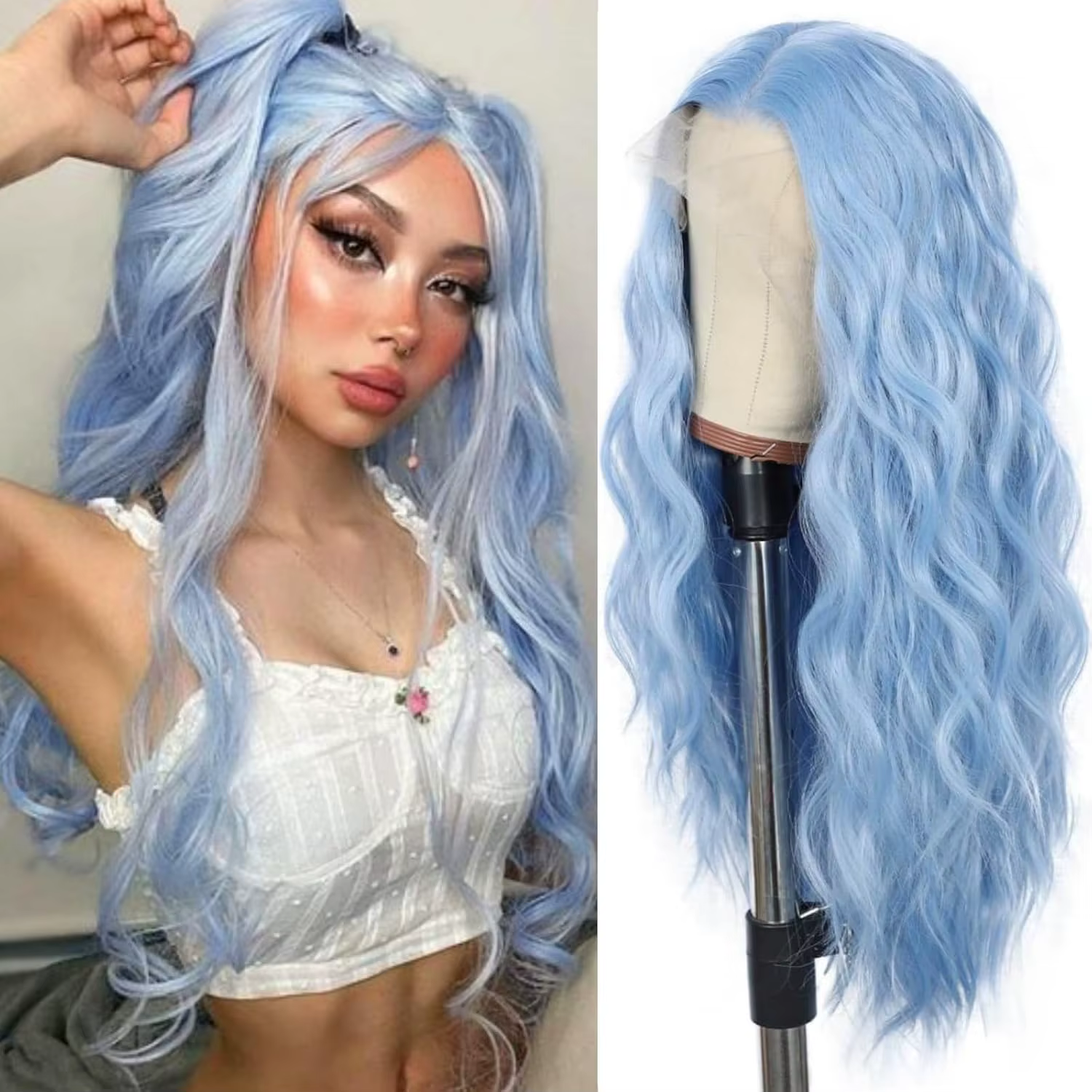 Perruque Lace Front Wig synthétique ondulée bleue 13 × 4, perruques longues bouclées bleu glace pour