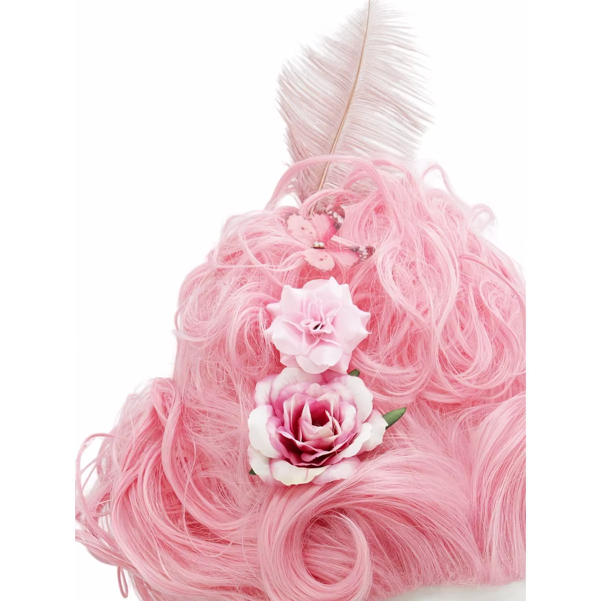 Perruque synthétique rose moelleuse de haute qualité | Coiffure de la reine avec des fleurs de plu