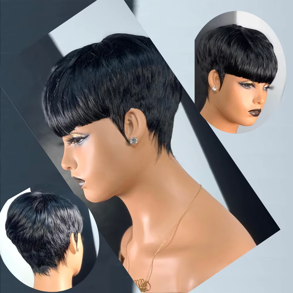 Perruques de cheveux courts, perruques coupe lutin, perruques courtes droites noires pour dames perr