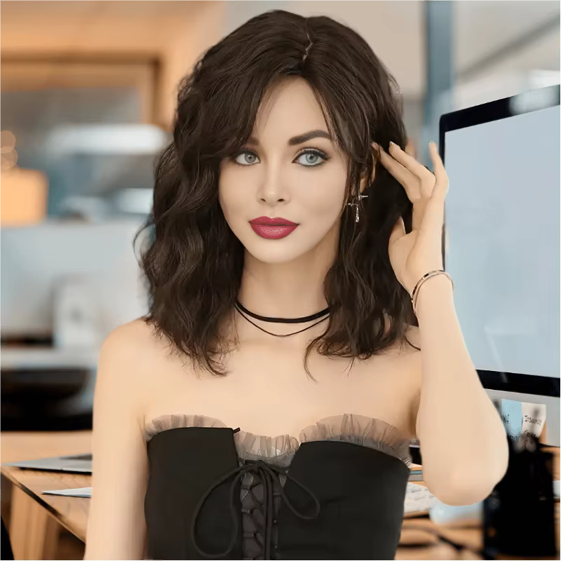 1 perruque synthétique bouclée ondulée mi-longue pour femme, couleur brun olive et thé foncé, haute