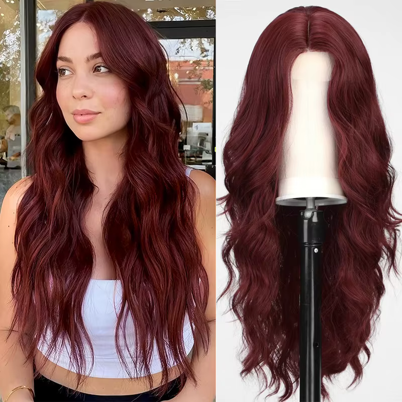 Perruque synthétique couleur vin rouge avec grandes boucles pour Halloween, cosplay, jeux de rôle, f