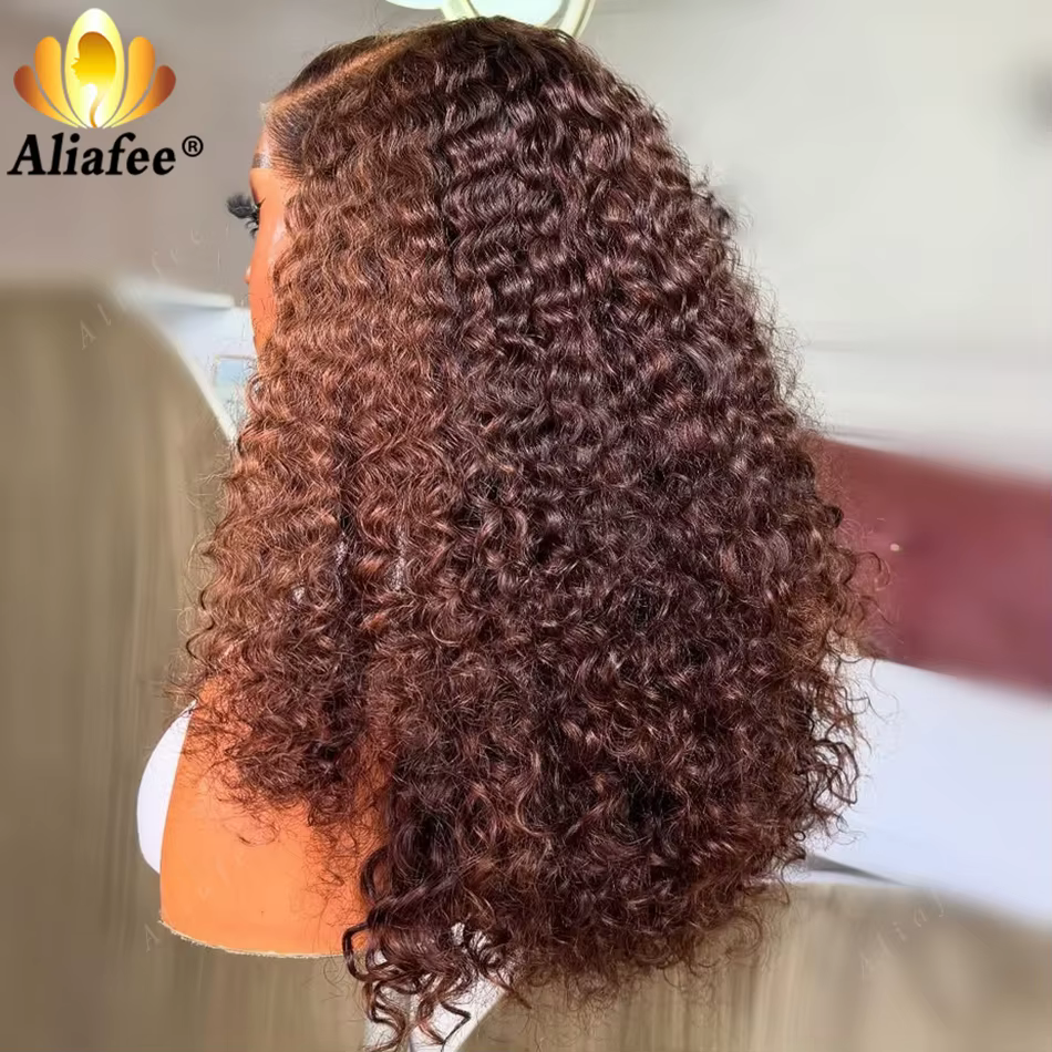 Perruques de cheveux humains bouclés de couleur marron, densité 180%, perruques frontales en dentell