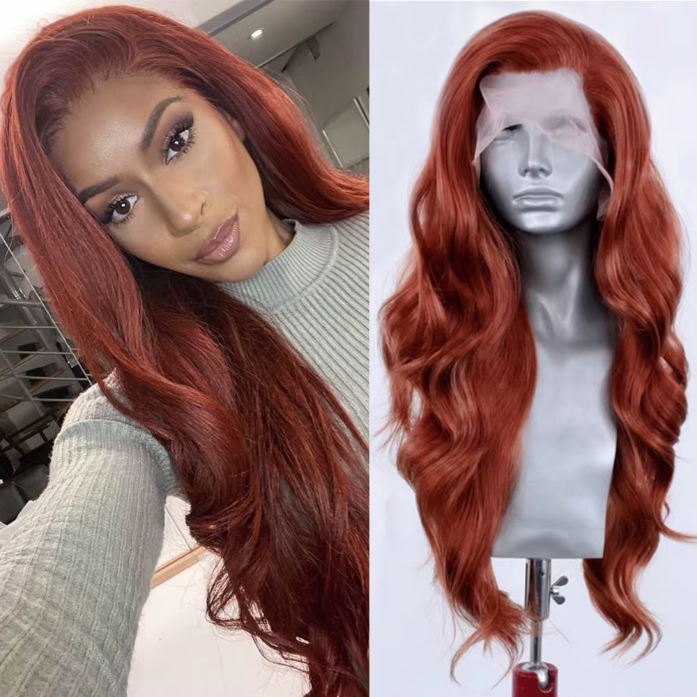 Perruque Lace Front Wig synthétique ondulée rouge cuivre, perruque longue en cuivre pour femmes, per