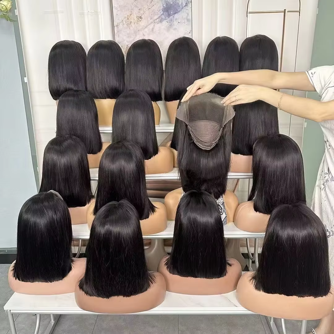 Perruques Courtes Bob en Cheveux Humains Vietnamiens 100% Naturels, Perruque Frontale en Dentelle HD