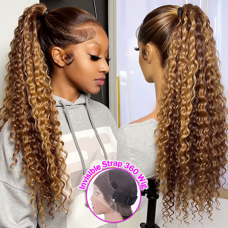 Miel Blonde 360 dentelle avant perruque cheveux humains 250 densité vague profonde mettre en évidenc