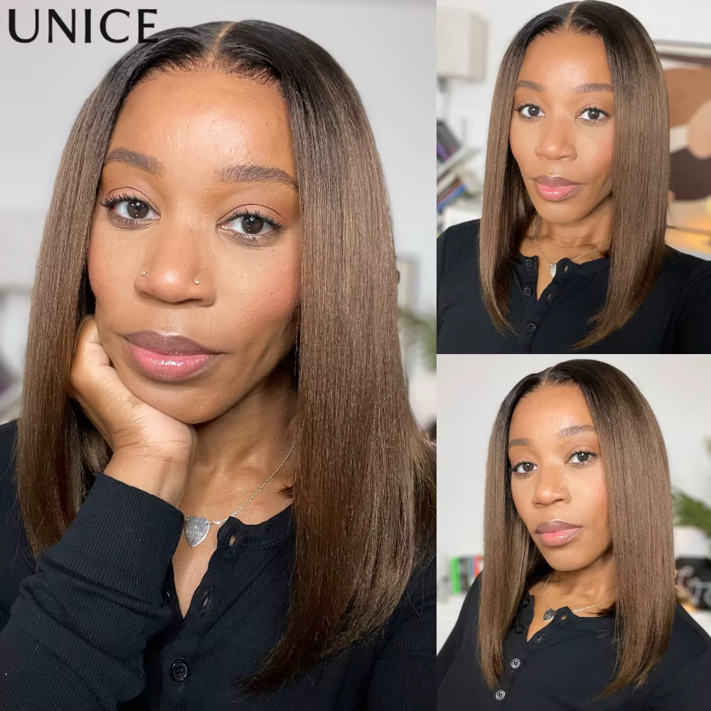 UNice châtain brun Ombre Yaki droite Bob perruque de cheveux humains 7x5 & 13x4 dentelle sans colle
