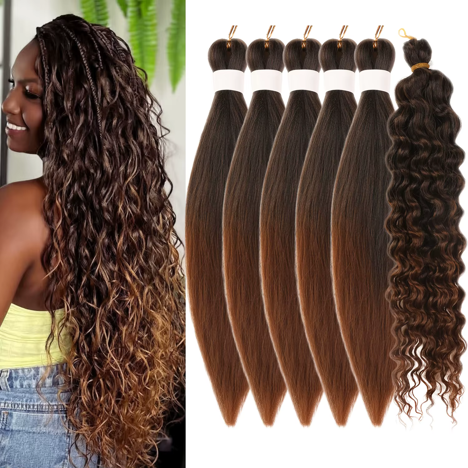 6 tresses Boho 24" | Marron ombré | Synthétique pré-étiré | Longues ondulées, brillantes | V