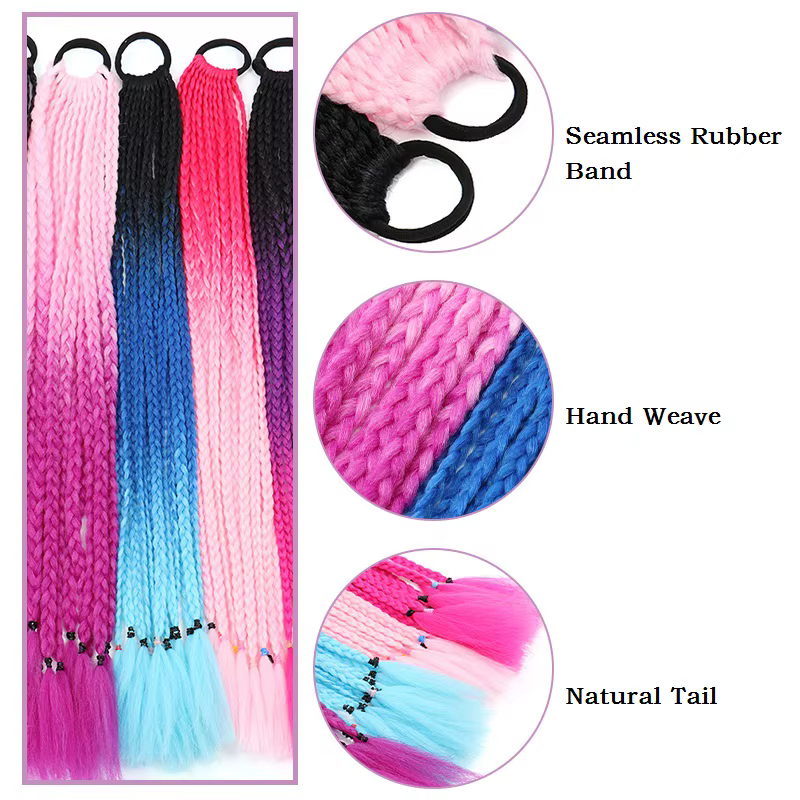 24Inch Synthetic Gradient Colored Braided Ponytail Hair Extension Elastic Rubber Band Braiding Pony