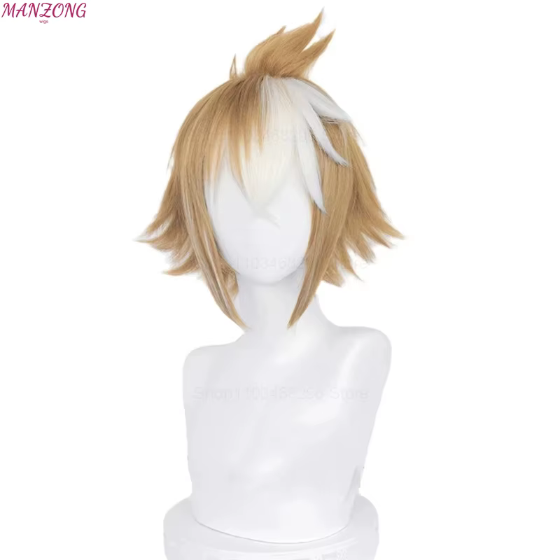 Perruque de Cosplay Gorou Genshin Impact, Cheveux Synthétiques Courts, Marron et Blanc avec Oreilles