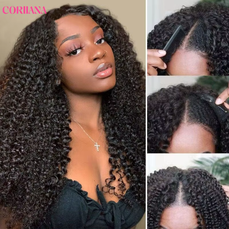 250% crépus bouclés V partie perruque cheveux humains pas de laisser de sortie mise à niveau vague p
