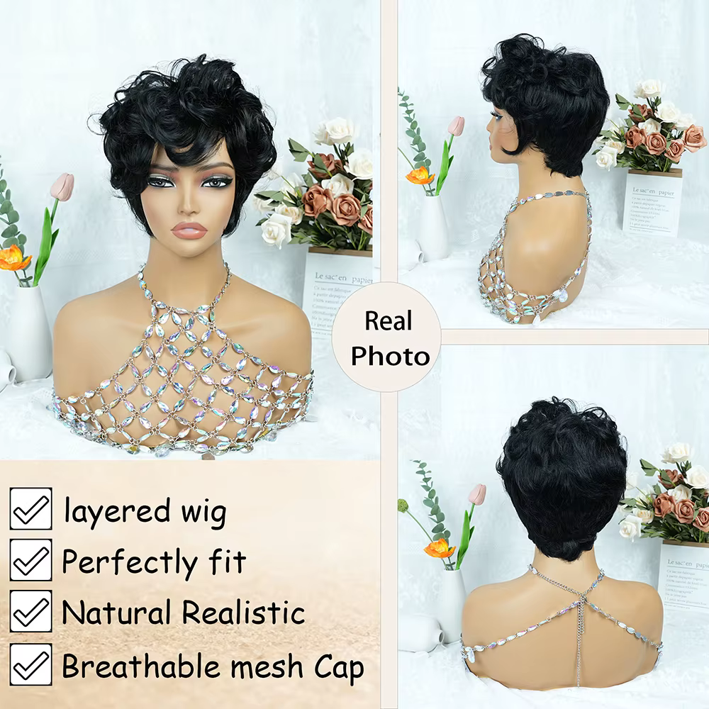 1B #   Perruque de cheveux humains coupe lutin pour femmes, 6 pouces, couches courtes, amples et bou