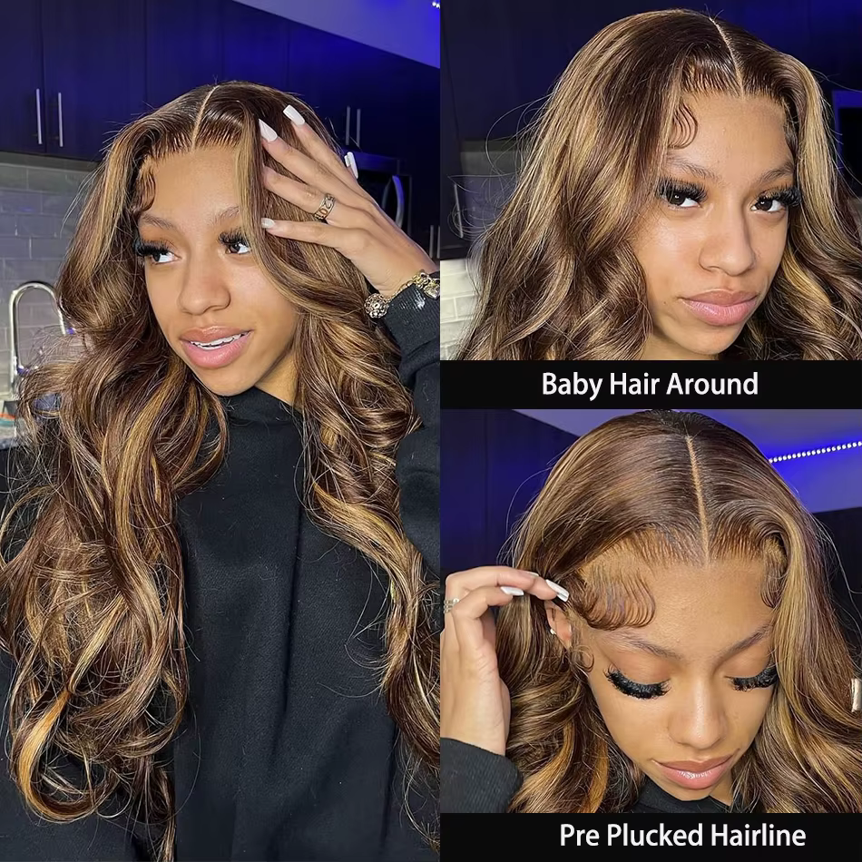 Blonde Highlight Body Wave Lace Front Perruque de cheveux humains pour femme, HD 13tage, 13x6 Lace F