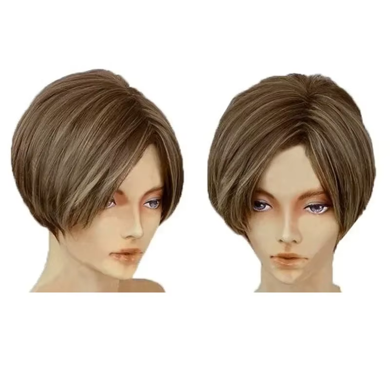 Perruque de cosplay Leon Scott Kennedy, courte, marron, avec mèches, résistante à la chaleur, pour f