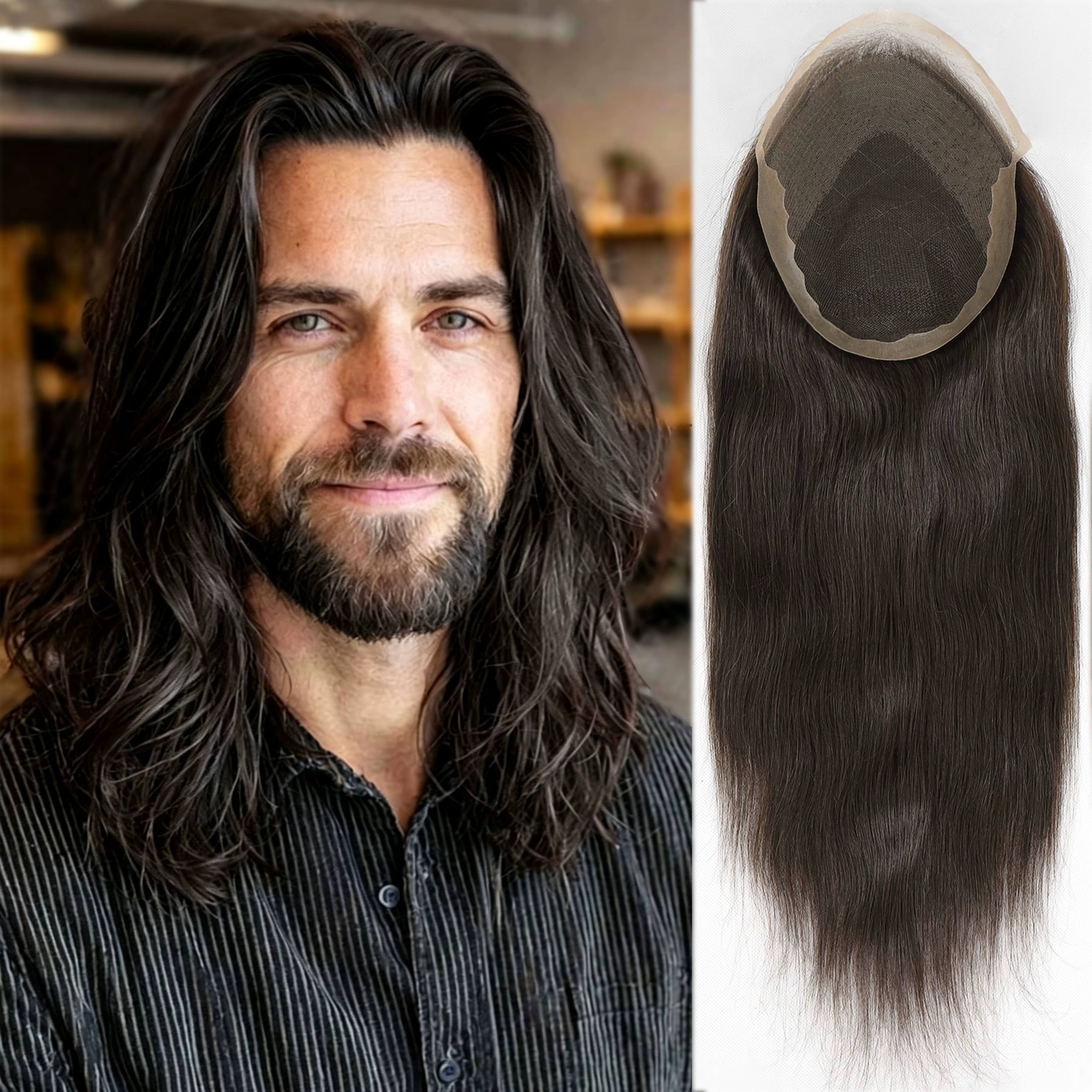 Système capillaire long pour hommes, toupet en cheveux humains OCT, dentelle respirante avec PU, pro