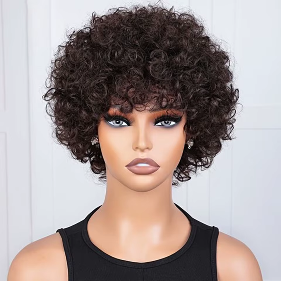 Perruques de cheveux humains Afro bouclés courts élégants avec frange pour les femmes vêtements de c