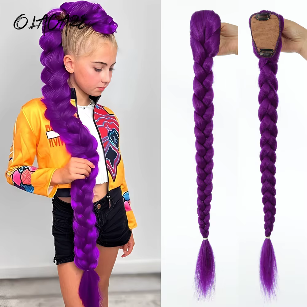 Queue de cheval synthétique longue de 26 pouces avec clips, cheveux violets tressés, coiffure de Cos