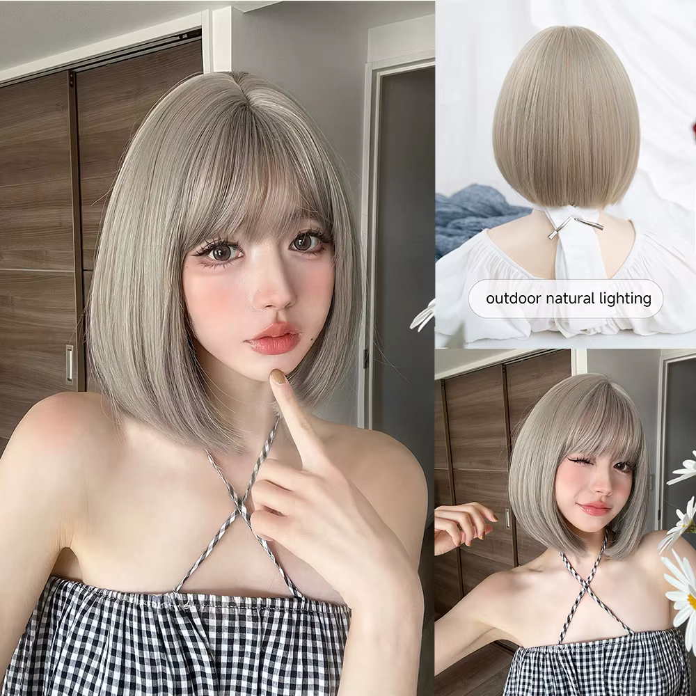 Gridelin-Perruque Lolita Synthétique avec Frange pour Femme, Cheveux Raides Naturels Moyens, Degré d