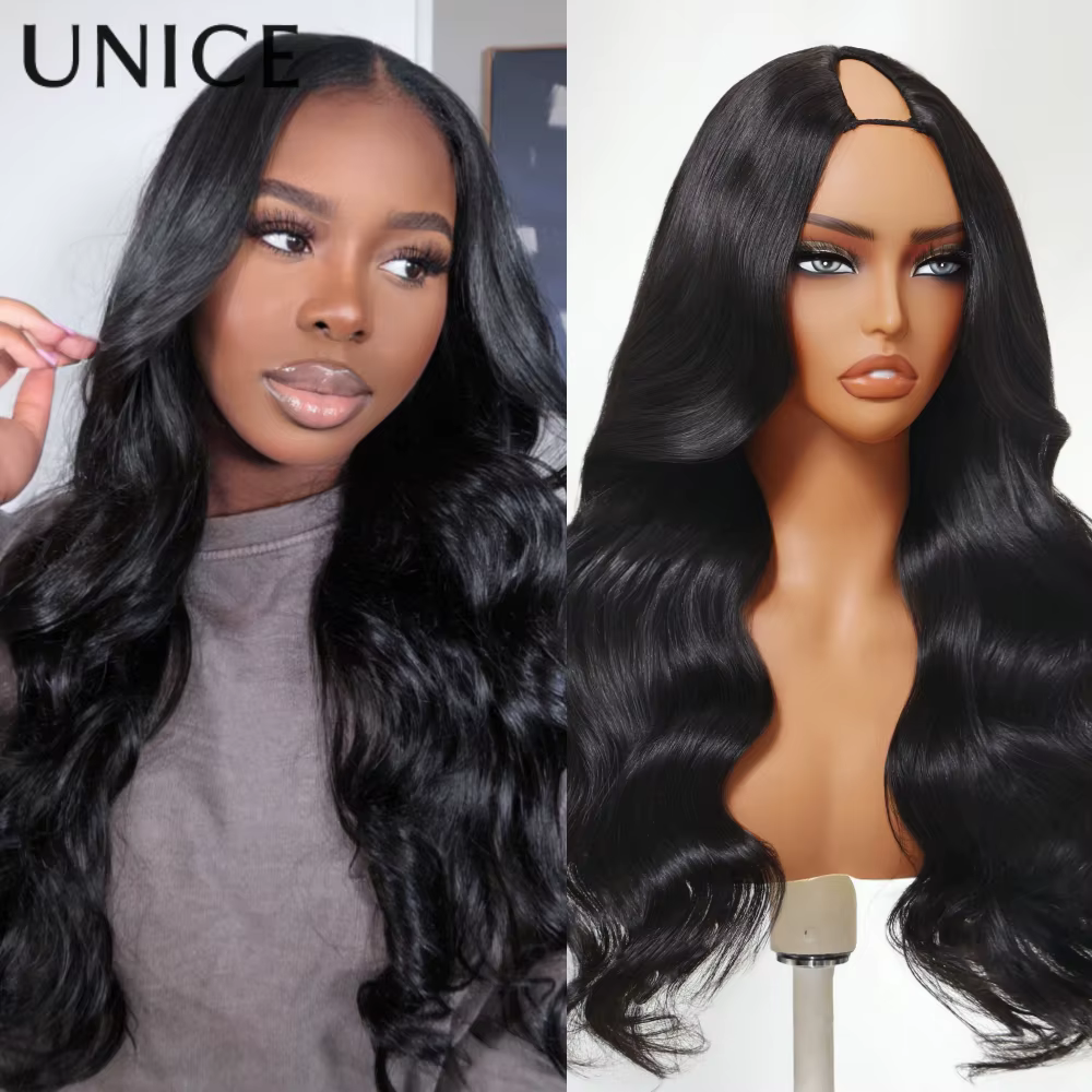 UNice cheveux 180% densité vague de corps V partie perruque avec cordon 100% cheveux humains véritab