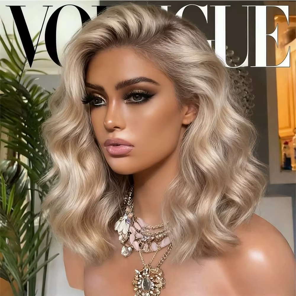 Perruque synthétique Lace Front courte ondulée, blond platine ombré avec racines brunes, fibre premi