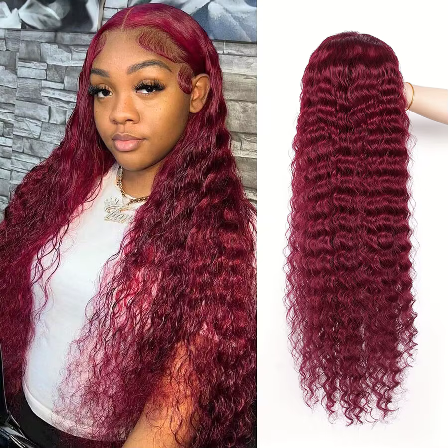 Perruques Deep Wave 99J Bourgogne, Perruque Frontale HD Lace 13x6, Perruques Frontales HD Transparen