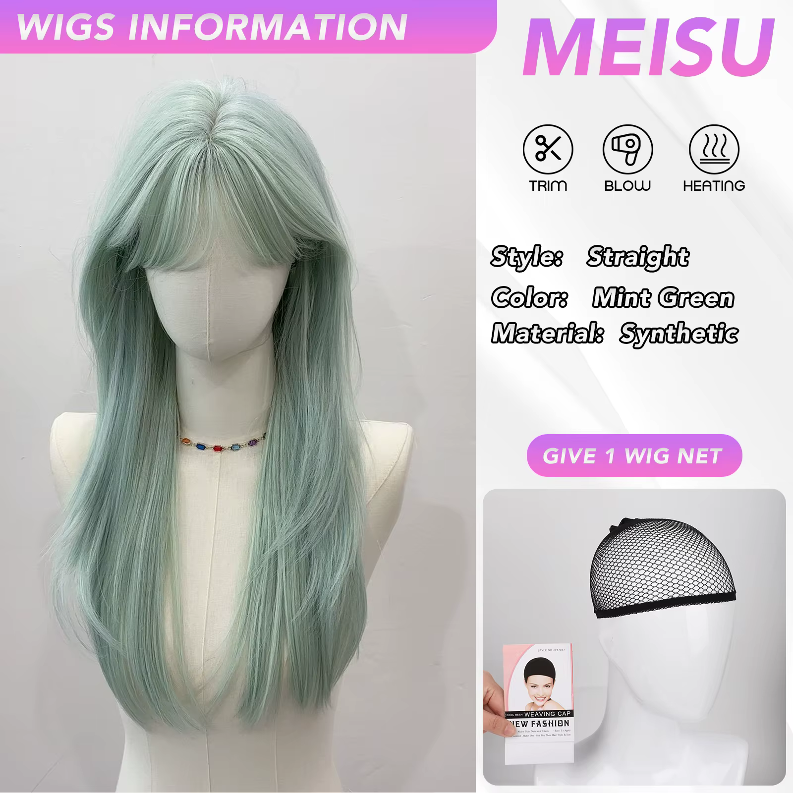 MEISU – perruque synthétique longue et lisse de 24 pouces, superposée, vert menthe, résistante à la