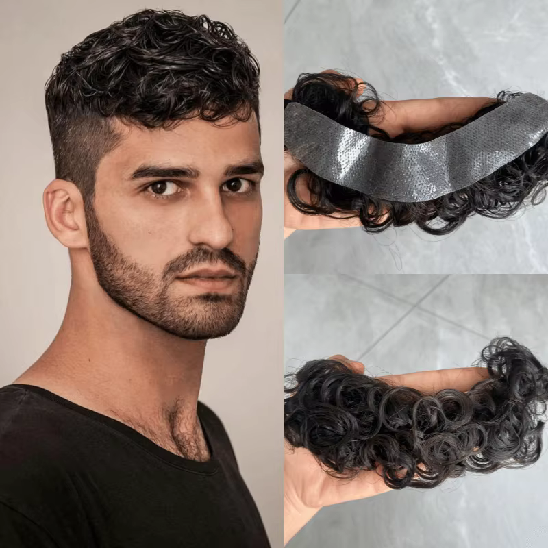 Perruque toupet 100% naturelle pour hommes, cheveux bouclés, naissance des cheveux naturelle, Style 