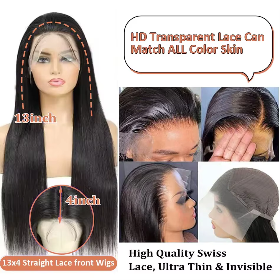 250 densité 13x4 13x6 Transparent os droit 30 40 pouces dentelle avant perruques de cheveux humains