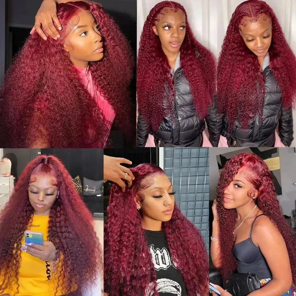 Perruque Lace Front Wig Deep Wave Naturelle Bouclée Rouge Bordeaux 99J, 13x4, Pre-Plucked, Densité 1