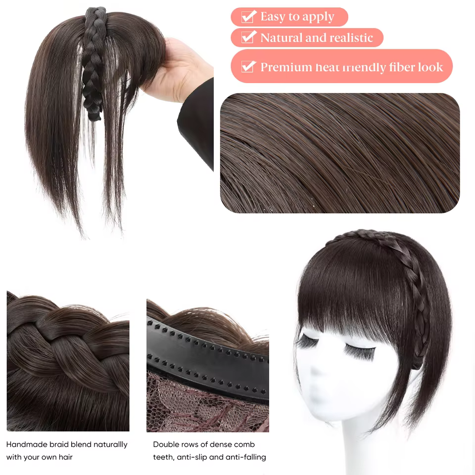 LUPU – bandeau tressé Chic avec frange et frange à clipser, Extensions capillaires synthétiques liss